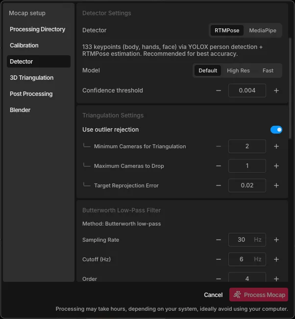 The Detector settings in Mocap Settings with RTMPose selected, showing the Default, High Res and Fast model options and a confidence threshold
