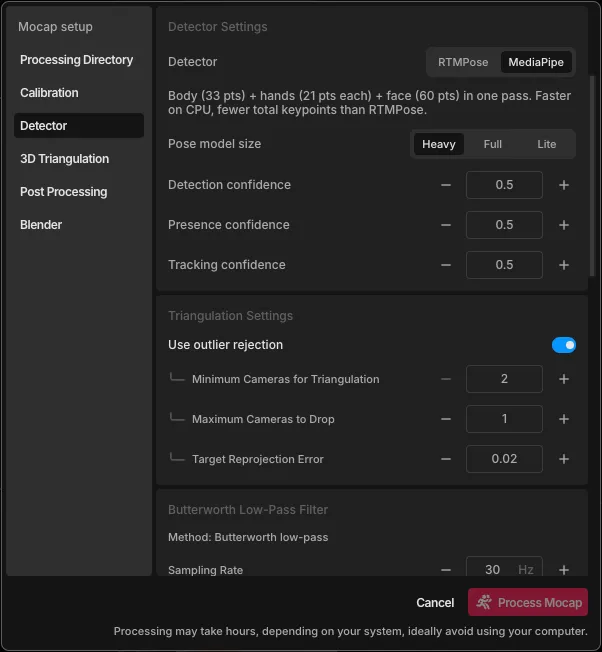 The Detector settings in Mocap Settings with MediaPipe selected, showing the Heavy, Full and Lite pose model sizes and three confidence settings