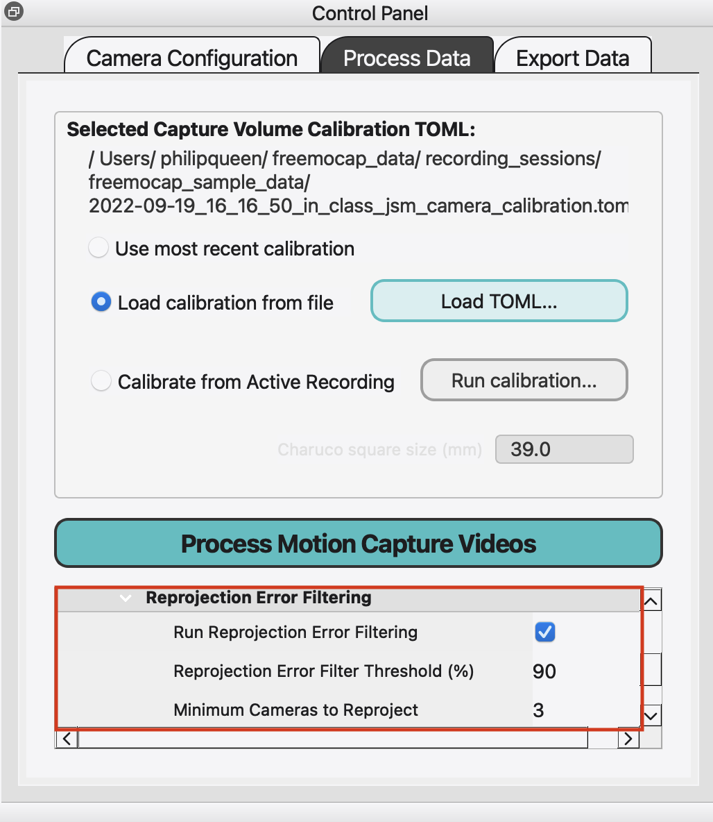 Detail of Reprojection Error Filtering Options